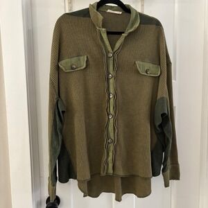 Boho Oversized Wmns Small Waffle Knit Button Down Shirt Olive Green Cherry Cloth